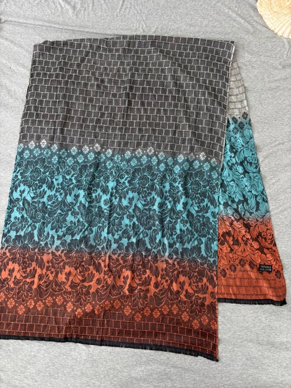 Vintage 100% Silk Scarf Double Face Floral Jacquard Shawl Reversible Whimsigoth